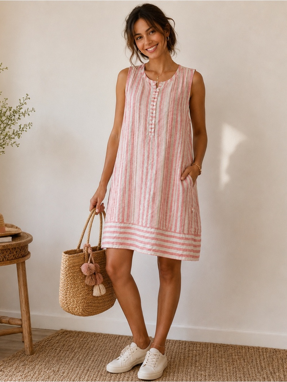 Fokerty 100% Linen Pink & Cream Striped Sleeveless Tunic Dress Size M